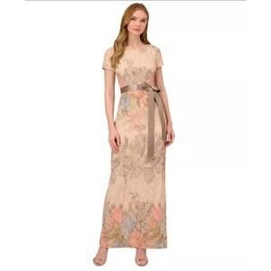 Adrianna Papell Metallic Floral Matelassé Column Gown Size 8 Champagne Gold